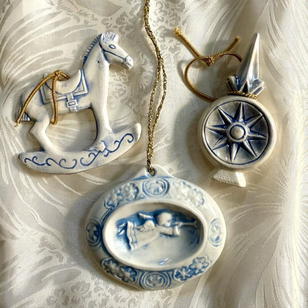 VTG Set Of 3 Blue & White Ceramic Christmas Ornaments Angel Horse Compass Star